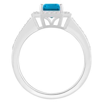 8x6mm Emerald Cut Blue Topaz 1/5 ctw Diamond Rhodium Over Sterling
Silver Halo Ring