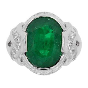 Oval Green Emerald and White Diamond Platinum Ring. 10.10 CTW