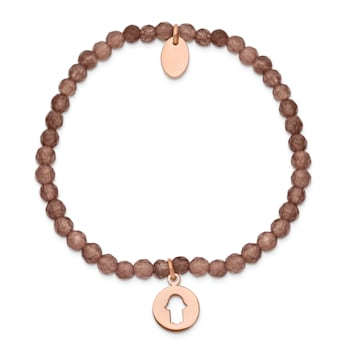 Rose Stainless Steel Polished Hamsa Brown Jade Stretch Bracelet