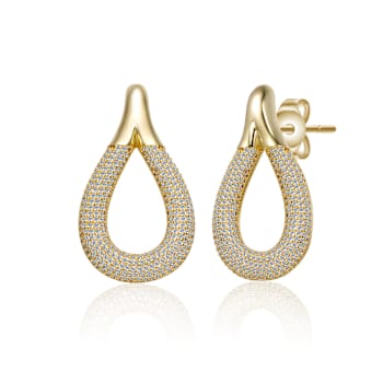 CZ Pave Raindrop Front-Facing Mini-Hoop Earrings In 14K Gold Over Brass