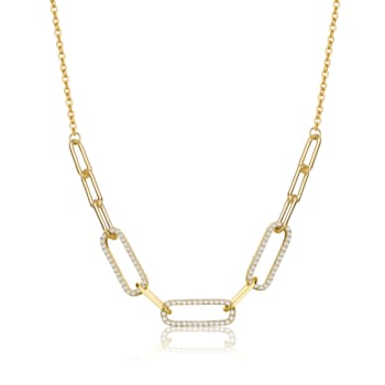 Clear Cubic Zirconia, 14k Gold Plated over Sterling Silver Elongated
Cable Link Chain Necklace