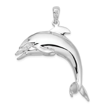 Rhodium Over Sterling Silver Polished 3D Jumping Dolphin Pendant