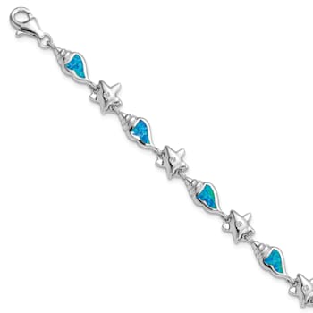 Rhodium Over Sterling Silver Starfish Cubic Zirconia and Lab Created
Opal Seashell Bracelet