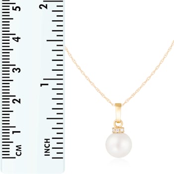 White Cultured Freshwater Pearl and Diamond 14K Yellow Gold Pendant 8-8.5mm