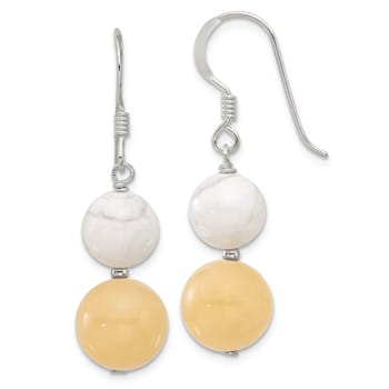 Sterling Silver Polished White Howlite and Yellow Jadeite Dangle Earrings