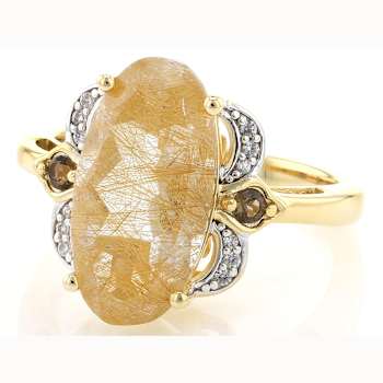 Golden Rutilated Quartz, Smoky Quartz And White Zircon Ring In 18K Gold
Over Sterling Silver 5.20ctw