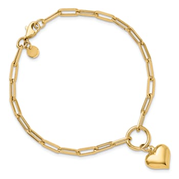 14k Yellow Gold Polished Puffed Heart Paper Clip Link Bracelet