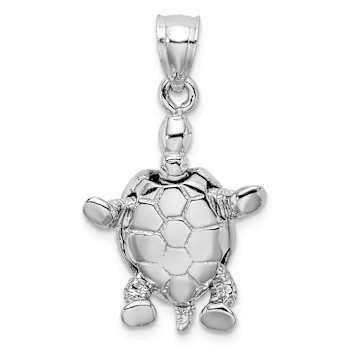 Rhodium Over 14k White Gold Solid 3D Polished and Textured Moveable
Turtle Pendant