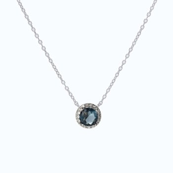 London Blue Topaz with White Topaz Halo Rhodium Over Sterling Silver Necklace