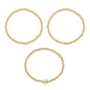 Initial N CZ Beaded Bracelet Set In 14K Gold Over Brass 0.16ctw