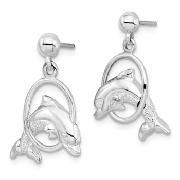 Rhodium Over Sterling Silver Dolphin in Hoop Dangle Post Earrings