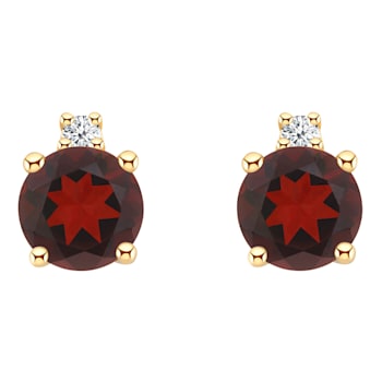 4mm Round Garnet with Diamond Accents 14k Yellow Gold Stud Earrings