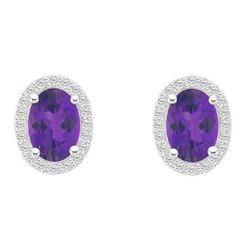 7x5mm Oval Amethyst And Created White Sapphire 10k White Gold Halo Stud Earrings