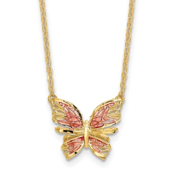 14K Yellow Gold Polished Diamond-cut with Pink Enamel Butterfly Necklace