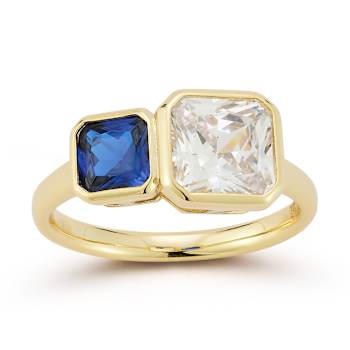 Rachel Zoe Blue and White CZ Two-Stone Ring in 14K Gold Over Sterling Silver