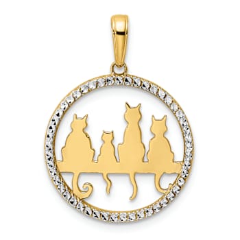 14K Two-tone Gold Diamond-Cut Cats Sitting on Bench Pendant