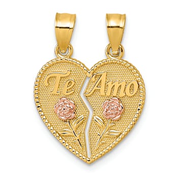 14K Yellow Gold With Rose Gold Accent Break Apart Heart With Te Amo And
Roses Pendant