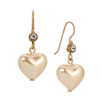 Gold Tone Heart Shaped Faux Pearl Clear Crystal Wire Earrings