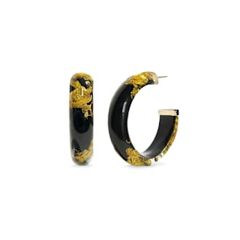 14K Yellow Gold Over Sterling Silver Small Gold Leaf Acrylic Hoops in Black