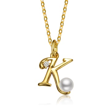 Initial K CZ And Pearl Pendant Necklace In 14K Gold Over Brass