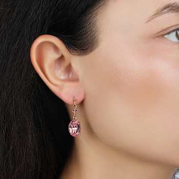 Gold Tone Pink Oval Crystal Wire Earrings