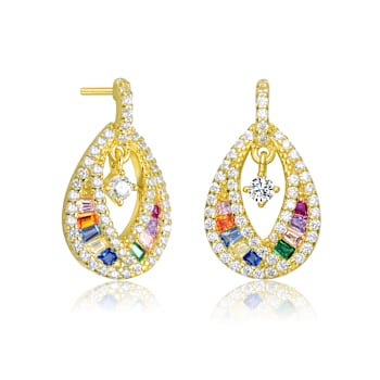 Multi-Color CZ Pear Shape Drop Earrings In 14K Gold Over Sterling Silver