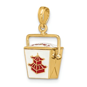 14k Yellow Gold 3D Red and White Enameled Moveable Chinese Take-Out Box Charm