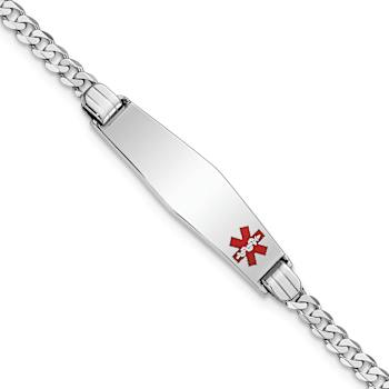 Rhodium Over 14k White Gold Medical Soft Diamond Shape Red Enamel Flat
Curb Link ID Bracelet