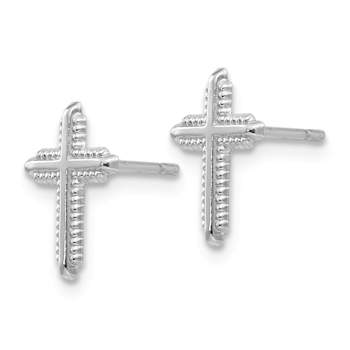 Rhodium Over 14k White Gold Polished and Textured Cross Stud Earrings