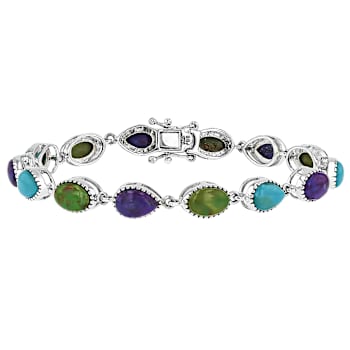 Multi-Color Turquoise Sterling Silver Station Bracelet 8x5mm