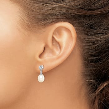 Rhodium Over Sterling Silver 7-8mm White Freshwater Cultured Pearl Cubic
Zirconia Dangle Earrings