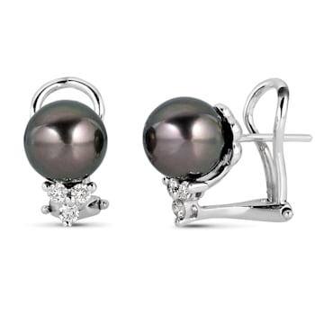 14KW 0.18 ctw  Diamond 9mm Tahitian Pearl Earrings