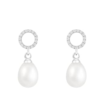 7.5-8mm White Cultured Freshwater Pearl Rhodium Over Sterling Silver Earrings