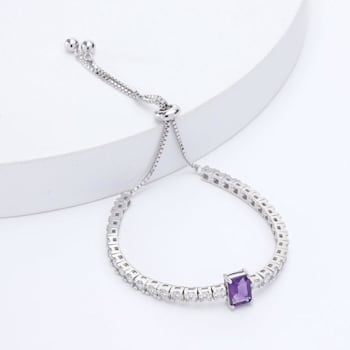 Purple Amethyst with Moissanite Accents Rhodium Over Sterling Silver Bracelet