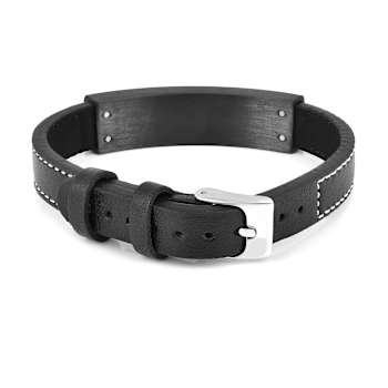 Mens Black Leather and Stainless Steel Cross Bracelet