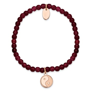 Rose Stainless Steel Polished and Satin Yin Yang Red Jade Stretch Bracelet