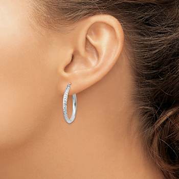 Rhodium Over 14k White Gold 1" Knife Edge Diamond-Cut Hoop Earrings