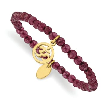 Yellow Stainless Steel Polished OM Purple Jade Stretch Bracelet