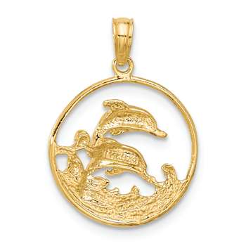 14k Yellow Gold Textured Double Dolphin Circle Pendant