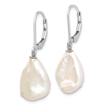 Rhodium Over Sterling Silver 13-15mm Keshi Freshwater Cultured Pearl
Leverback Earrings