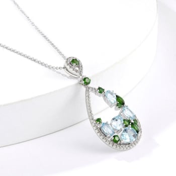Teardrop Multi Color Gemstone Fashion Pendant Necklace,  Rhodium Over
Sterling Silver