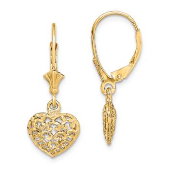 14k Yellow Gold Diamond-Cut and Textured Mini Puffed Heart Dangle Earrings