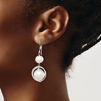 Sterling Silver Polished and Textured Freshwater Cultured Pearl and
Shell Pearl Dangle Earrings