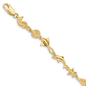 14k Yellow Gold Polished and Textured Ocean Motif Link Bracelet