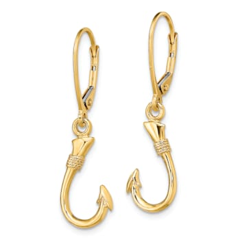14k Yellow Gold 3D Fish Hook Dangle Earrings