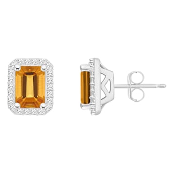 7x5mm Emerald Cut Citrine 1/5 ctw Diamond Rhodium Over Sterling Silver
Halo Stud Earrings