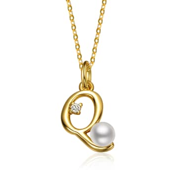 Initial Q Pear Shape CZ And Pearl Pendant Necklace In 14K Gold Over Brass