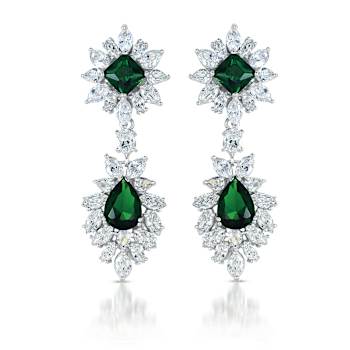 Emerald Color CZ Double Cluster Drop Earrings In Sterling Silver