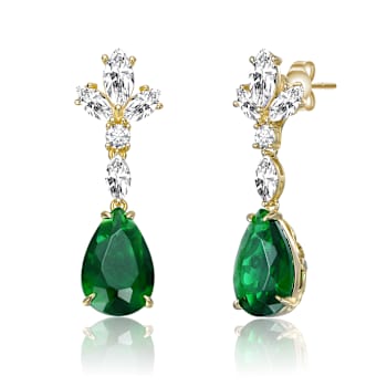 Emerald Color CZ Cluster Drop Earrings In 14K Gold Over Sterling Silver 19.29ctw