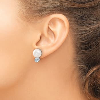 Sterling Silver 10-11mm Freshwater Cultured Button Pearl with Blue Topaz Earrings